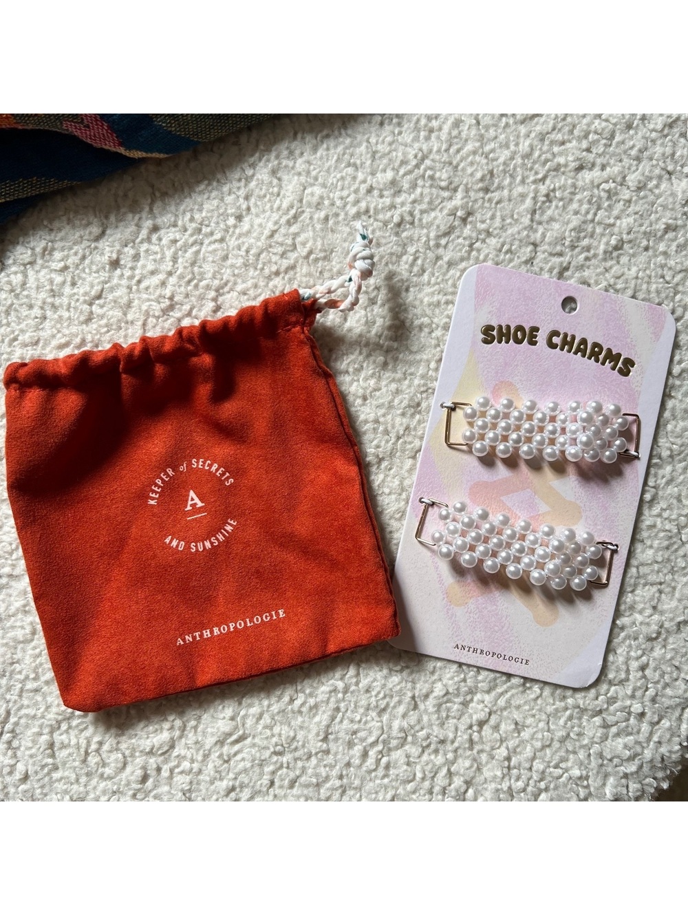 Anthropologie Pearl Shoe Charms with Orange Drawstring Pouch